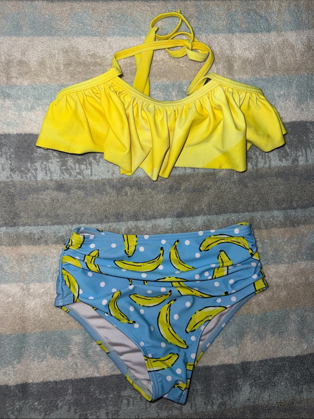 SHEIN Yellow Ruffle Bikini Top with Blue Banana-Print Bottom